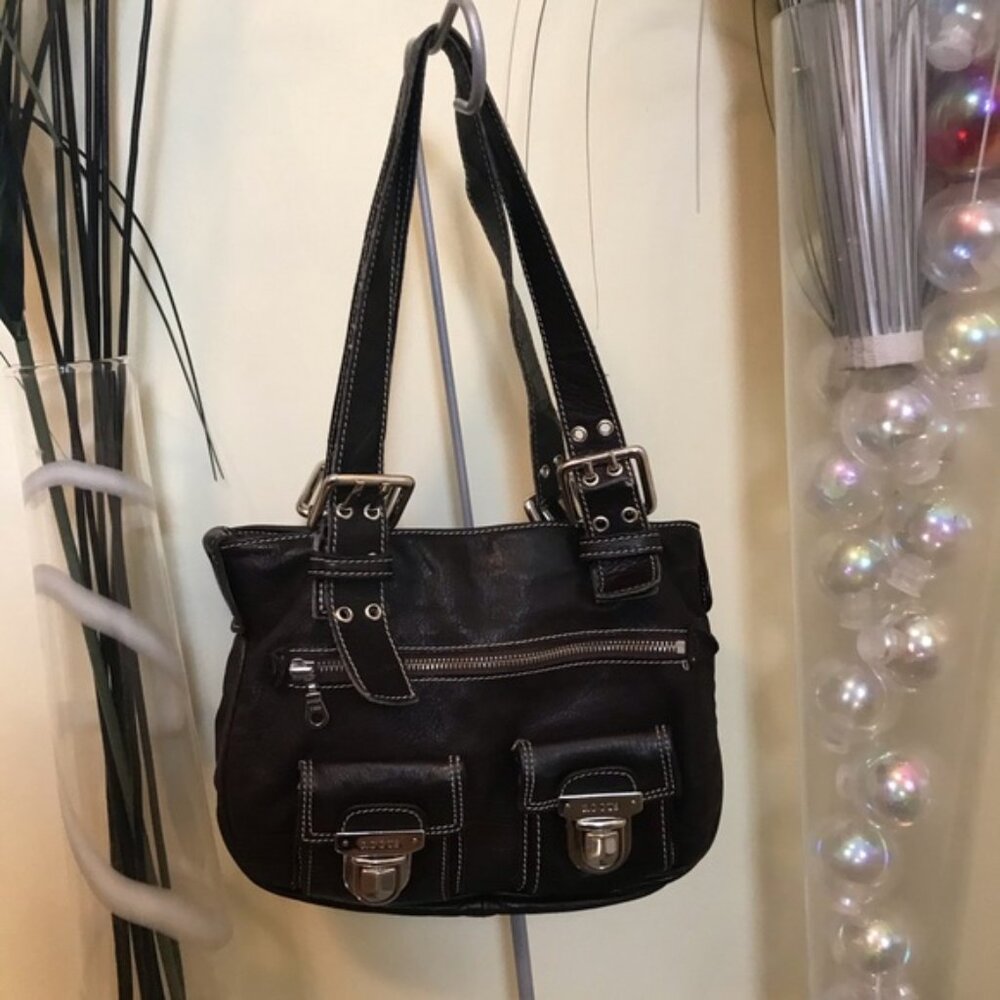 ROOTS Pebble Leather Satchel Shoulder Bag Hobo Pockets Brown Silver Vintage Tote